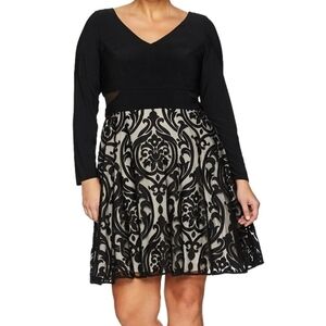 Xscape Double-V Damask Fit & Flare Formal Mini Dress Black/Nude Damask Lace 20W